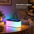 Lampă NIRU LumoGlow cu lumină RGB lângă canapea, seara