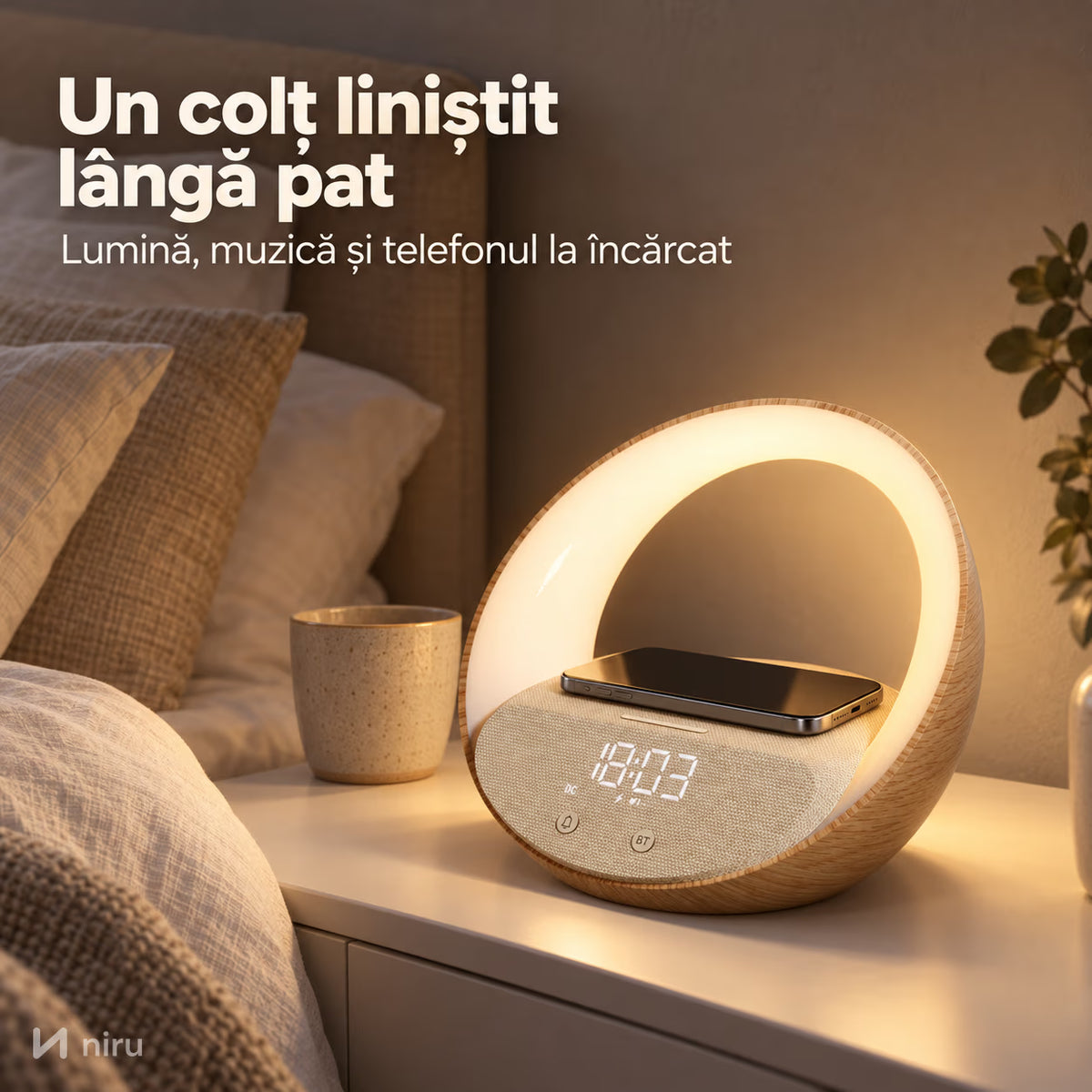 Lampă NIRU LumoHalo aprinsă pe noptieră, cu telefonul la încărcat