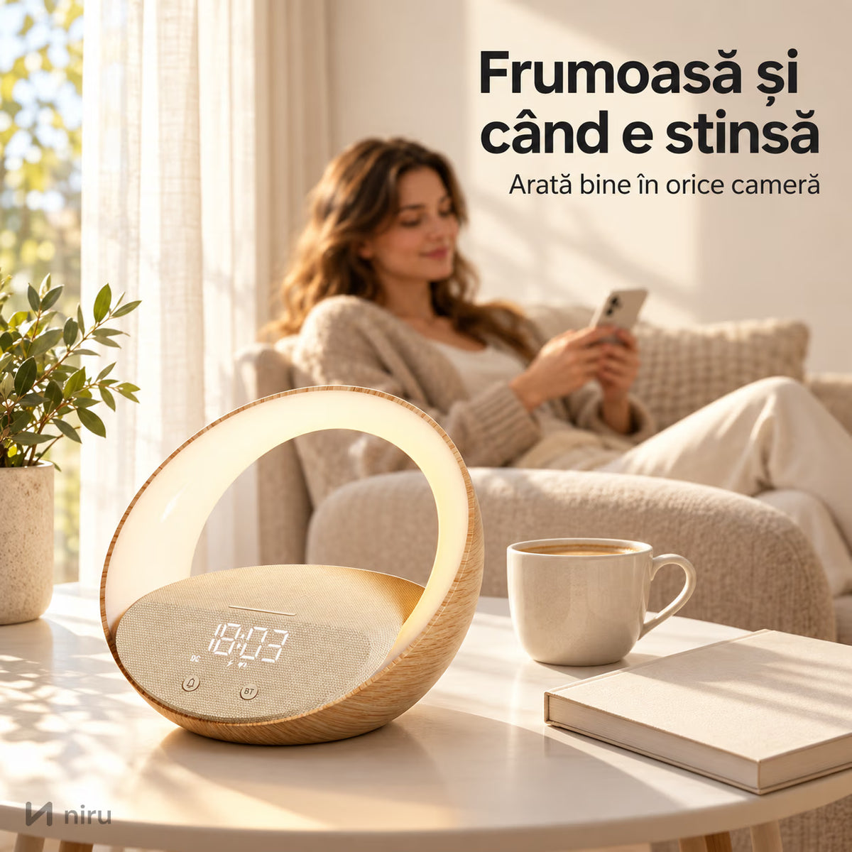 Lampă NIRU LumoHalo pe o măsuță în living, dimineața