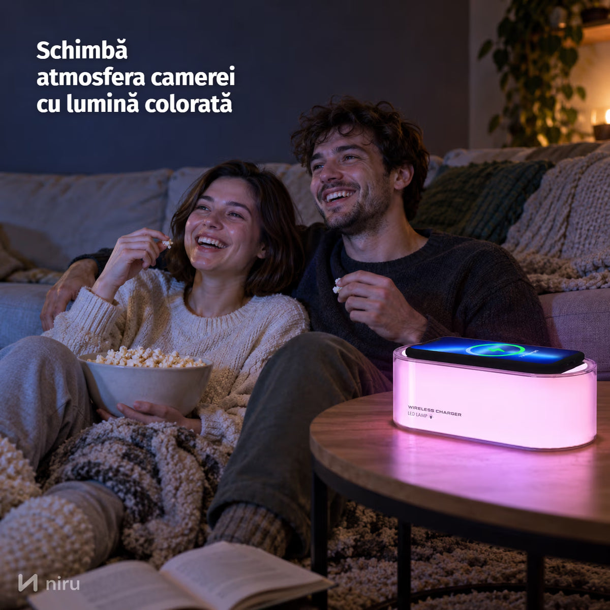 Lampă de veghe cu încărcător wireless NIRU LumoGlow: schimbă atmosfera camerei cu lumină colorată