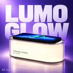 Lampă de veghe cu încărcător wireless NIRU LumoGlow în studio, cu numele LUMOGLOW scris mare în spate