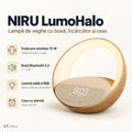 Lampă de veghe NIRU LumoHalo cu boxă Bluetooth, încărcător wireless și ceas, finisaj lemn