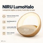 Lampă de veghe NIRU LumoHalo cu boxă Bluetooth, încărcător wireless și ceas, finisaj lemn