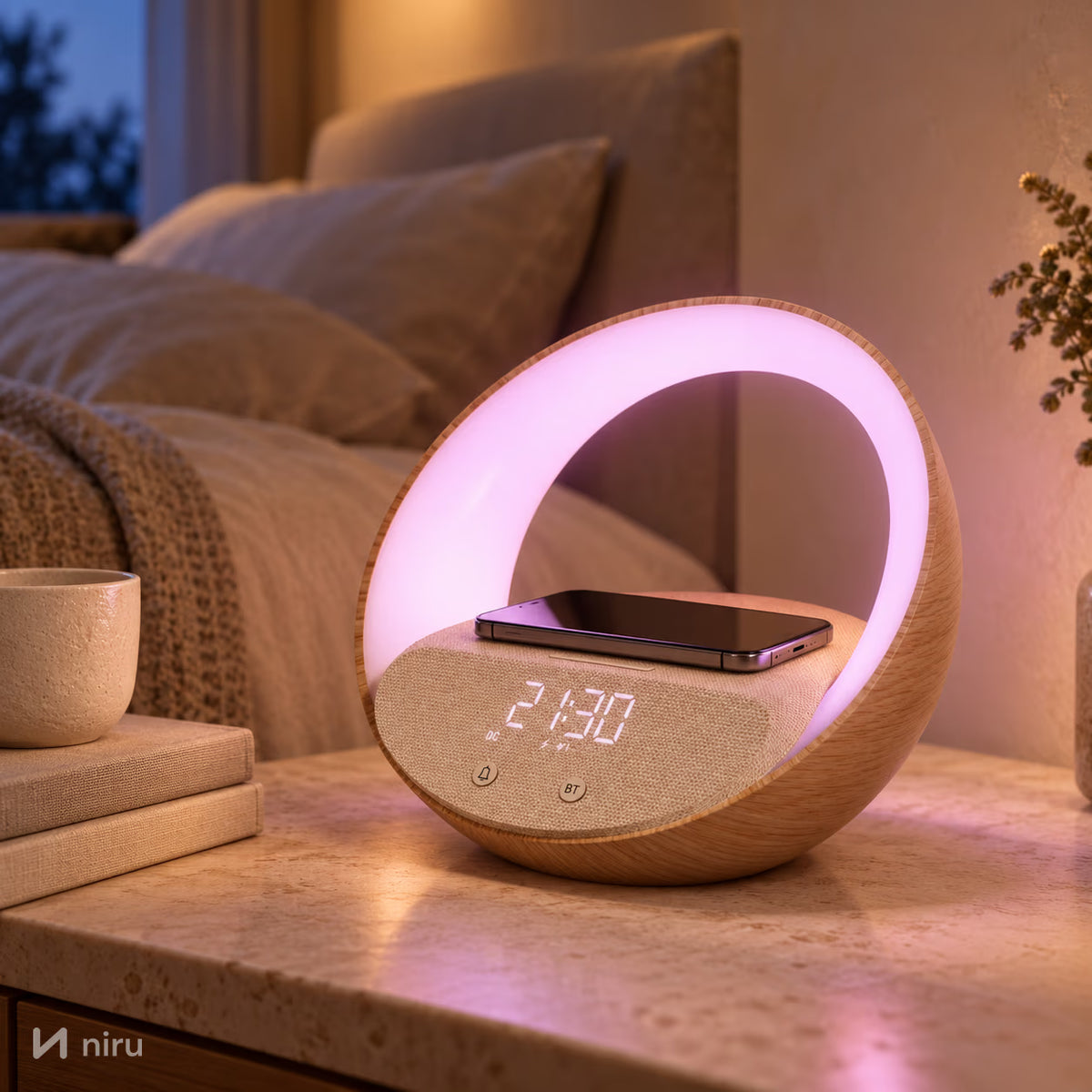 Lampă de veghe NIRU LumoHalo pe noptieră, cu lumină roz-violet în modul RGB