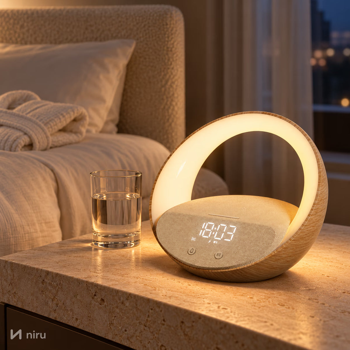 Lampă de veghe NIRU LumoHalo pe noptiera unei camere de hotel minimaliste