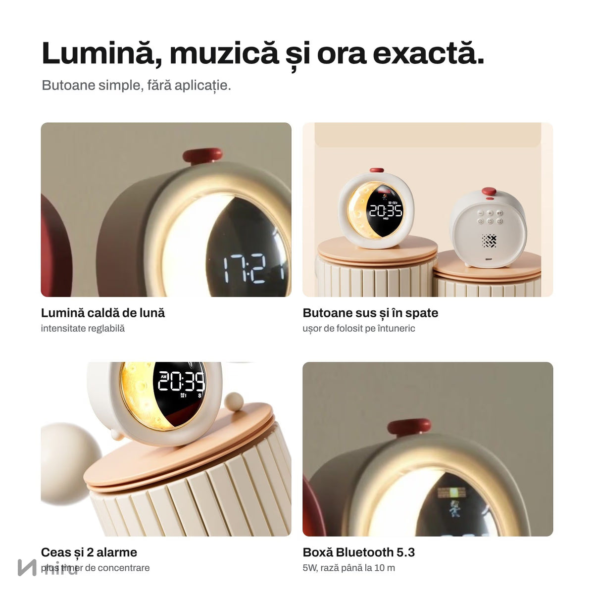 Mână care apasă butonul ceasului NIRU LumoMoon pe biroul de învățat