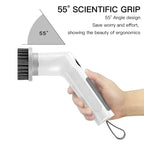 Perie electrică albă ținută în mână, cu cap negru și grafic despre mâner ergonomic la 55°
