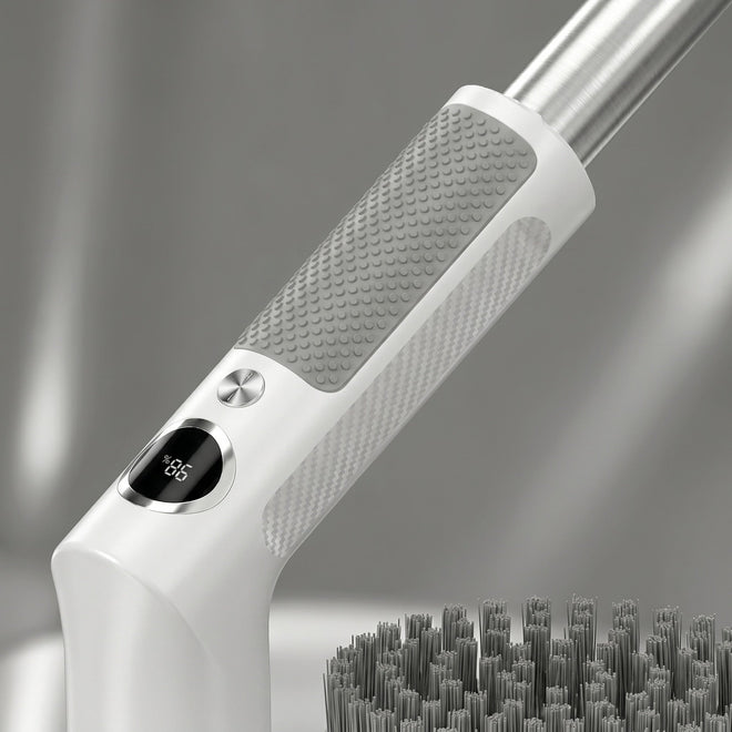 Prim-plan cu mânerul alb al periei electrice NIRU, grip gri, afișaj 86% și tub telescopic metalic