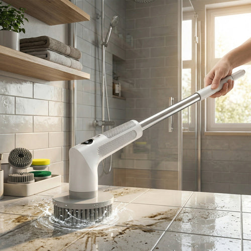 Perie electrică rotativă albă cu mâner telescopic curățând gresia murdară într-o baie, cu capete lângă ea