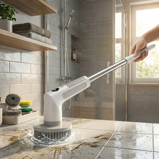 Perie electrică rotativă albă cu mâner telescopic curățând gresia murdară într-o baie, cu capete lângă ea