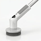 Perie electrică rotativă albă cu cap rotund, mâner telescopic gri și afișaj digital în prim-plan