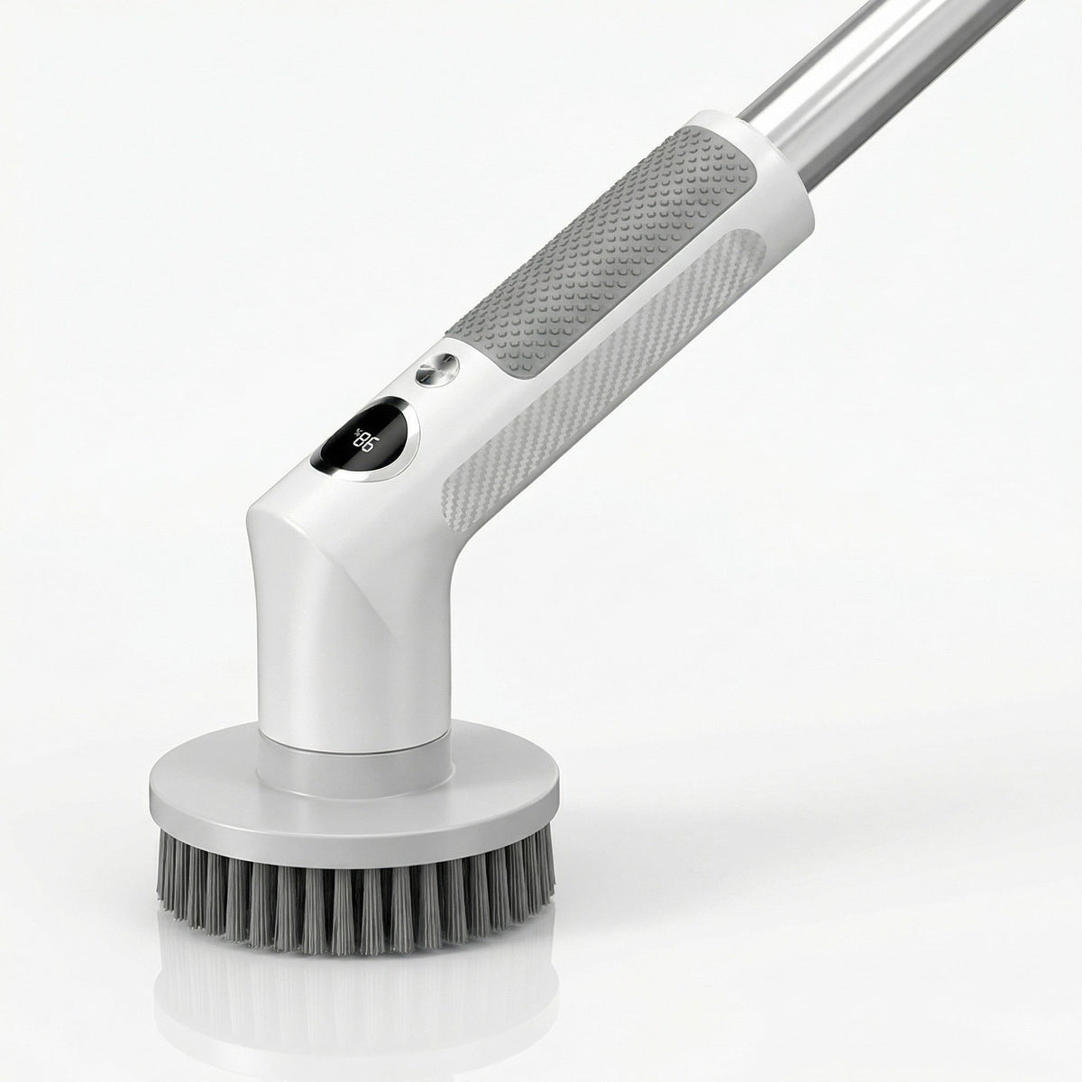 Perie electrică rotativă albă cu cap rotund, mâner telescopic gri și afișaj digital în prim-plan