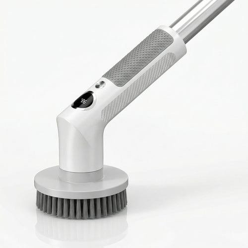 Perie electrică rotativă albă cu cap rotund, mâner telescopic gri și afișaj digital în prim-plan