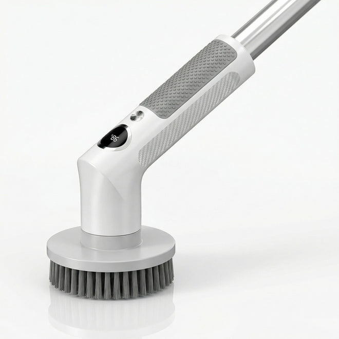 Perie electrică rotativă albă cu cap rotund, mâner telescopic gri și afișaj digital în prim-plan