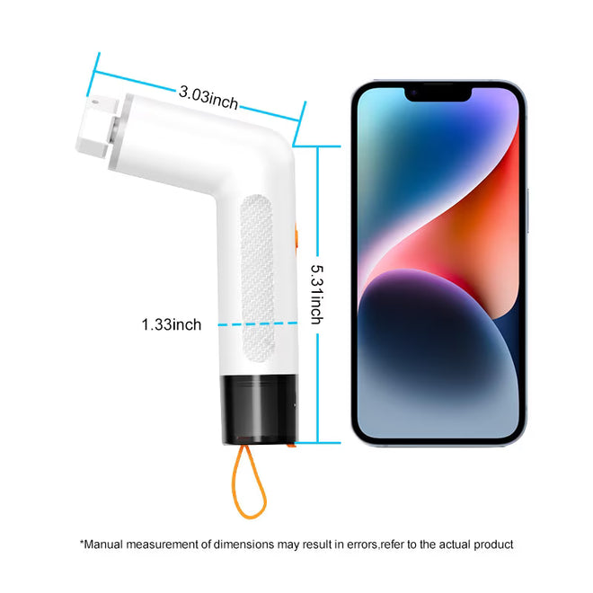 Infografic cu dimensiunile produsului: 5.31 inch înălțime și 3.03 inch lungime cap, evidențiind portabilitatea și designul mini al periei electrice.