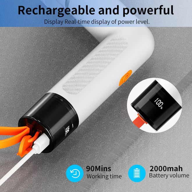 Detalii baterie perie electrică: capacitate 2000mAh, autonomie de lucru 90 minute și afișaj digital al nivelului de energie.