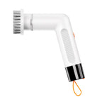Profil lateral perie electrică albă cu design în L, buton portocaliu și agățătoare de silicon.