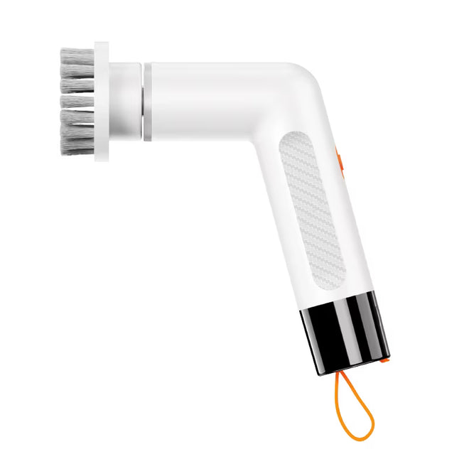Profil lateral perie electrică albă cu design în L, buton portocaliu și agățătoare de silicon.
