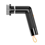 Profil lateral perie electrică naegră cu design în L, buton portocaliu și agățătoare de silicon.
