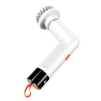Profil lateral perie electrică albă cu design în L, buton portocaliu, agățătoare de silicon și display.
