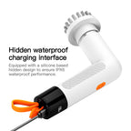 Interfață de încărcare impermeabilă IPX6 pentru perie electrică de curățare. Design cu port ascuns sub capac de silicon pentru protecție maximă împotriva apei și afișaj LED pentru nivelul bateriei.