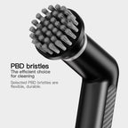 Detaliu perie de curățare cu peri PBD flexibili și durabili, design ergonomic negru.