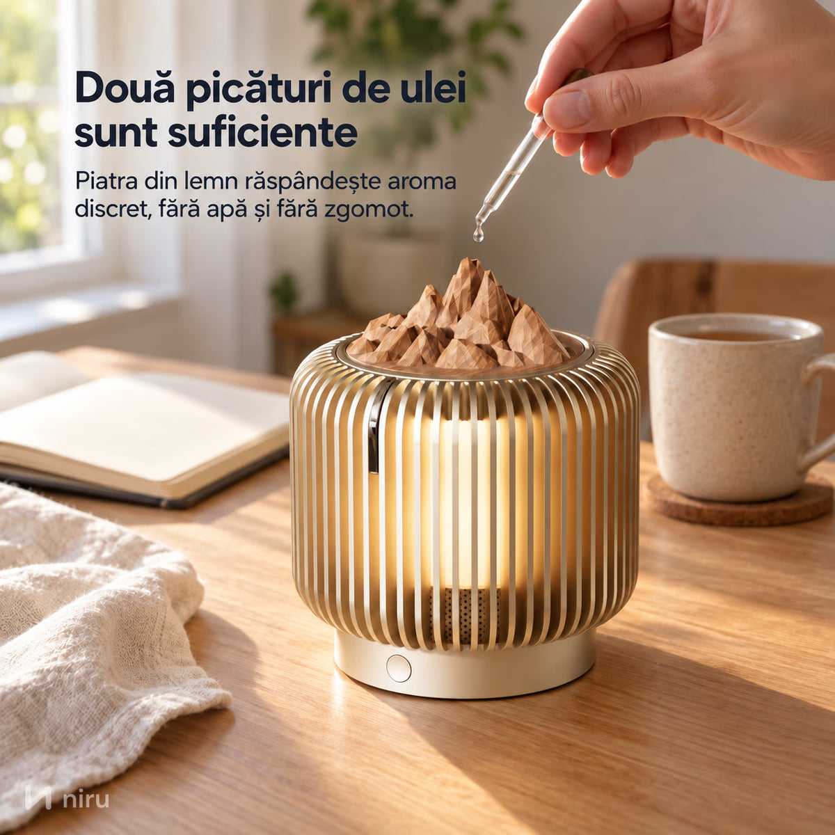 Picătură de ulei esențial pusă pe piatra din lemn a difuzorului NIRU LumoAroma