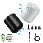 Pompă electrică portabilă NIRU MiniAir neagră și albă cu baterie 2200mAh, încărcare USB-C, 4 duze și șnur de mână.