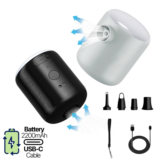 Pompă electrică portabilă NIRU MiniAir neagră și albă cu baterie 2200mAh, încărcare USB-C, 4 duze și șnur de mână.