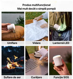 Pompă electrică multifuncțională 6-în-1: umflare saltele, vidare haine, lanternă LED camping, suflare aer foc, curățare tastatură și funcție SOS.