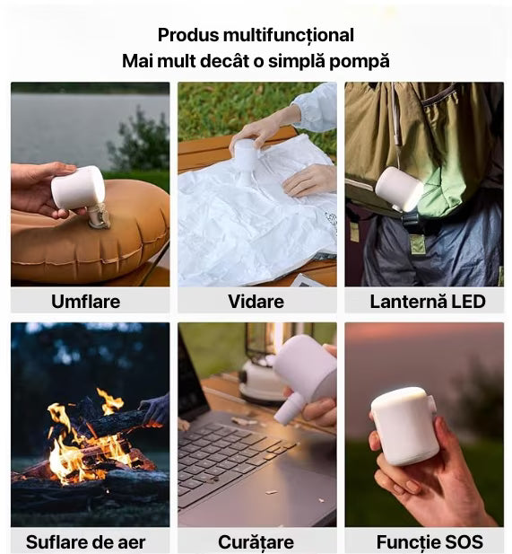 Pompă electrică multifuncțională 6-în-1: umflare saltele, vidare haine, lanternă LED camping, suflare aer foc, curățare tastatură și funcție SOS. negru, alb