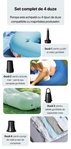 Accesorii pompă de aer: duză pentru colaci, duză pentru articole mari, capăt pentru saltele de capacitate mare și adaptor pentru saci de compresie