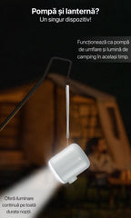 Pompă de aer portabilă și lanternă de camping 2-în-1, suspendată pentru iluminare continuă în cort pe timpul nopții.