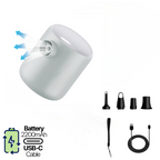 Pompă de aer portabilă reîncărcabilă albă cu acumulator 2200mAh, mufă USB-C și 4 duze interschimbabile