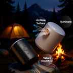 Pompă electrică portabilă 3 în 1 pentru camping cu funcții de umflare, vidare și iluminare LED, utilizată lângă cort și foc de tabără
