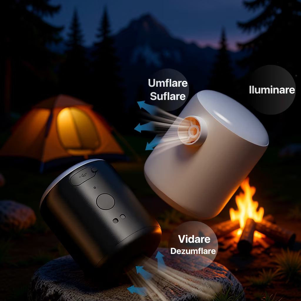 Pompă electrică portabilă 3 în 1 pentru camping cu funcții de umflare, vidare și iluminare LED, utilizată lângă cort și foc de tabără. negru, alb