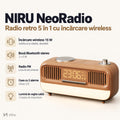 Radio retro NIRU NeoRadio 5 în 1 cu încărcător wireless, ceas și lumină de veghe, pe fundal deschis