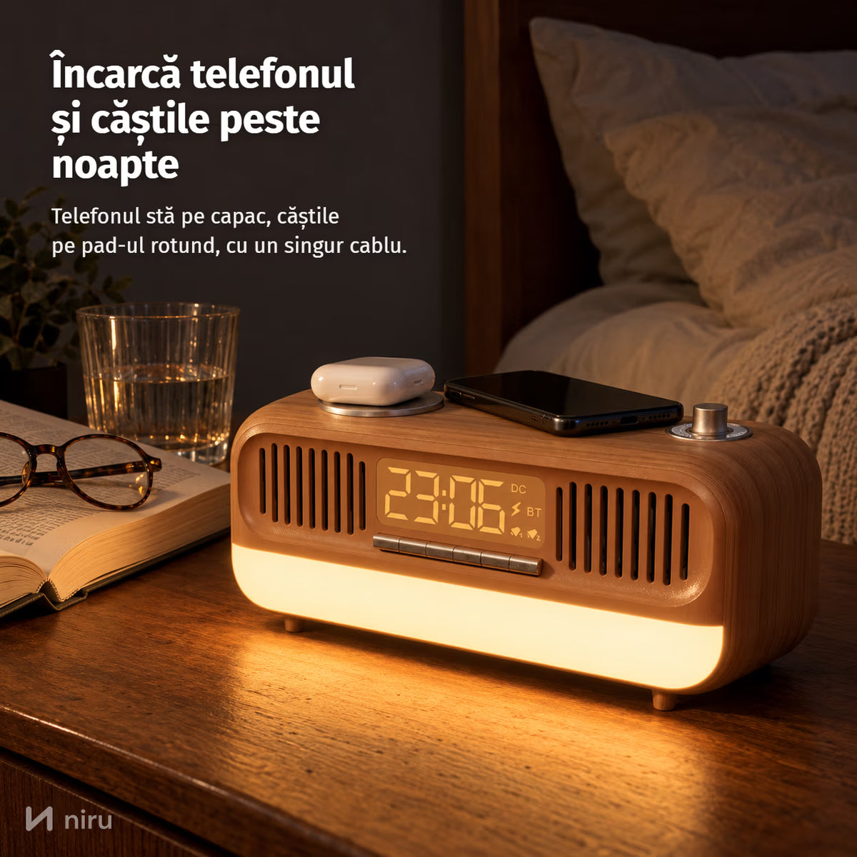 Radio retro NIRU NeoRadio: încarcă telefonul și căștile peste noapte