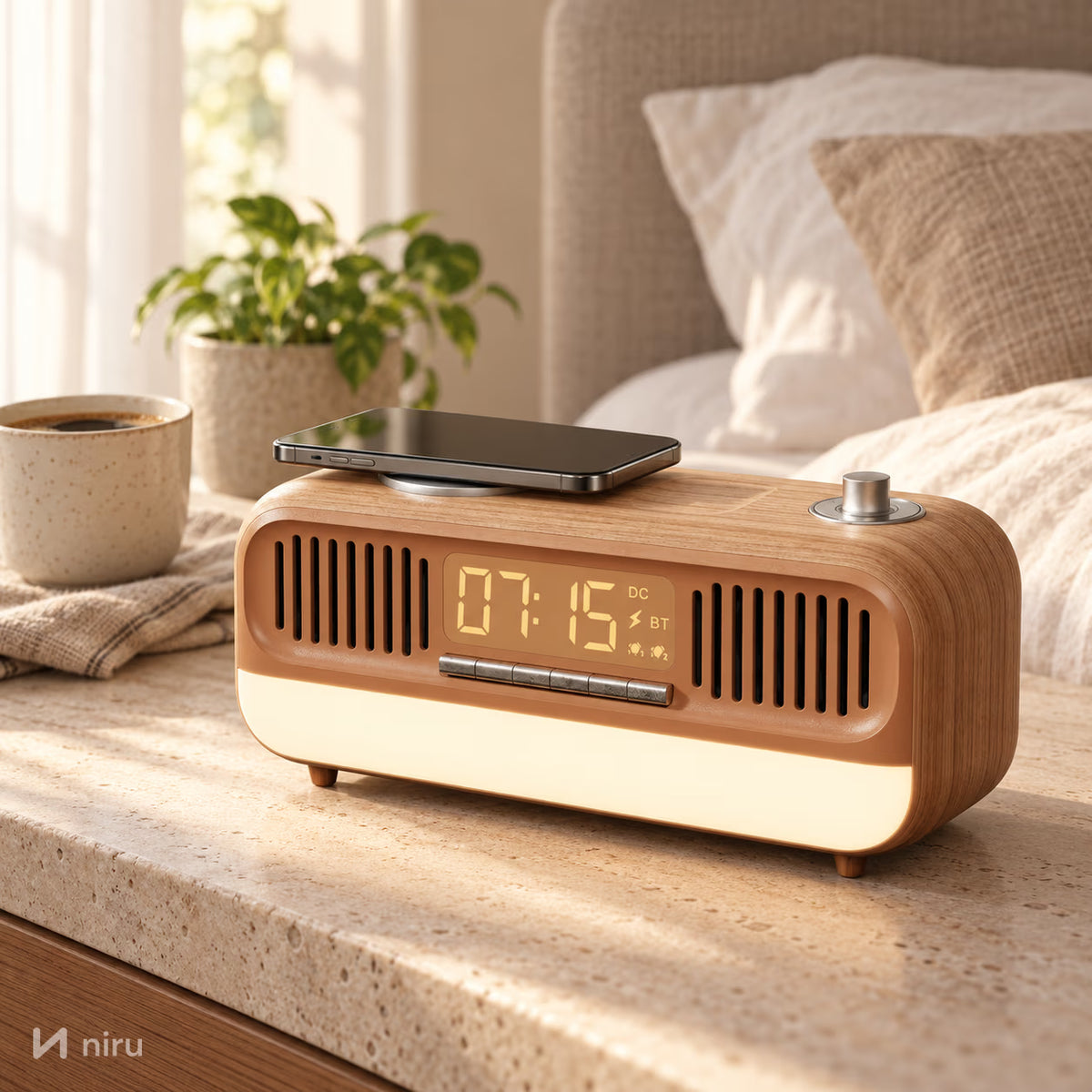 Radio retro NIRU NeoRadio pe noptieră dimineața, cu telefonul la încărcat