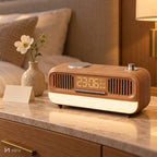 Radio retro NIRU NeoRadio pe noptiera unei camere de hotel