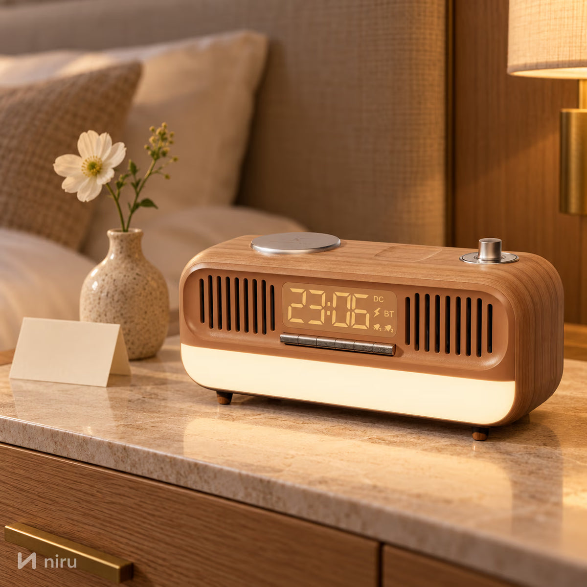 Radio retro NIRU NeoRadio pe noptiera unei camere de hotel