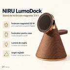 Stand de încărcare magnetic 3 în 1 NIRU LumoDock din lemn de nuc, pe fundal deschis