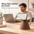 Stand de încărcare NIRU LumoDock pe un birou modern, cu telefonul la vedere