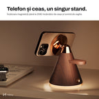 Stand NIRU LumoDock pe noptieră, cu telefon prins magnetic și ceas la încărcat