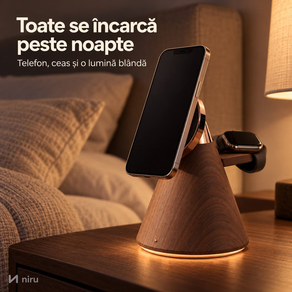 Stand NIRU LumoDock pe noptieră, cu telefon prins magnetic și ceas la încărcat