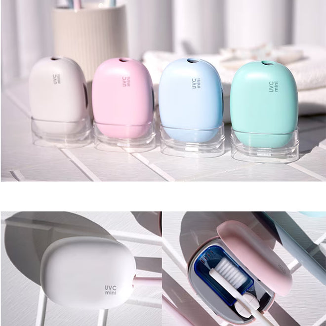 Gamă de sterilizatoare compacte NIRU MiniUV în patru variante de culori pastelate: alb, roz, bleu și verde pe suporturile incluse.