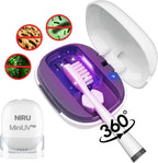 Sterilizator portabil NIRU MiniUV alb prezentând procesul de dezinfecție UV la 360 de grade pentru capătul periuței de dinți, pentru igienizarea suprafeței periuței.