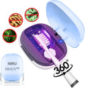 Sterilizator portabil NIRU MiniUV albastru prezentând procesul de dezinfecție UV la 360 de grade pentru capătul periuței de dinți, pentru igienizarea suprafeței periuței.