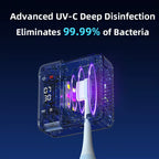 Dezinfecție cu lumină UV-C care ajută la reducerea bacteriilor de pe suprafața periuței. Vedere transparentă a dispozitivului în timpul procesului de igienizare.