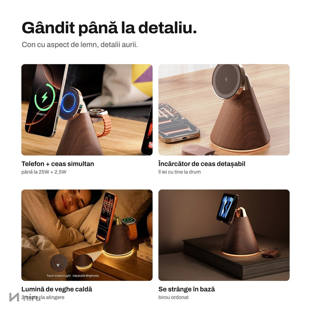 Telefon prins magnetic pe standul de încărcare NIRU LumoDock pe birou